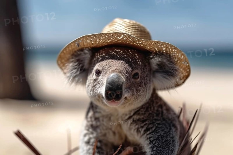 Coala bear with summer straw hat at beach. KI generiert, generiert AI generated