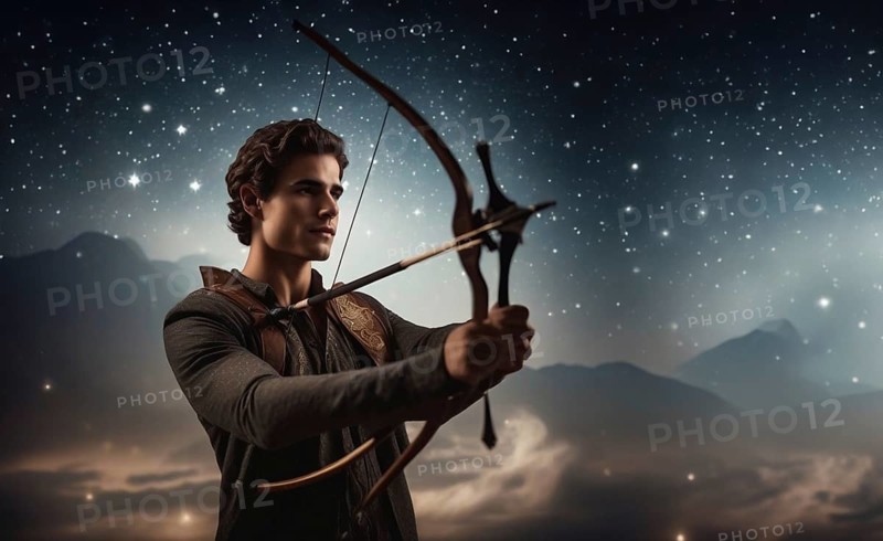 Young man Sagittarius according to the zodiac sign with a bow in his hands with dark hair and green eyes against the background of the starry sky.AI generated