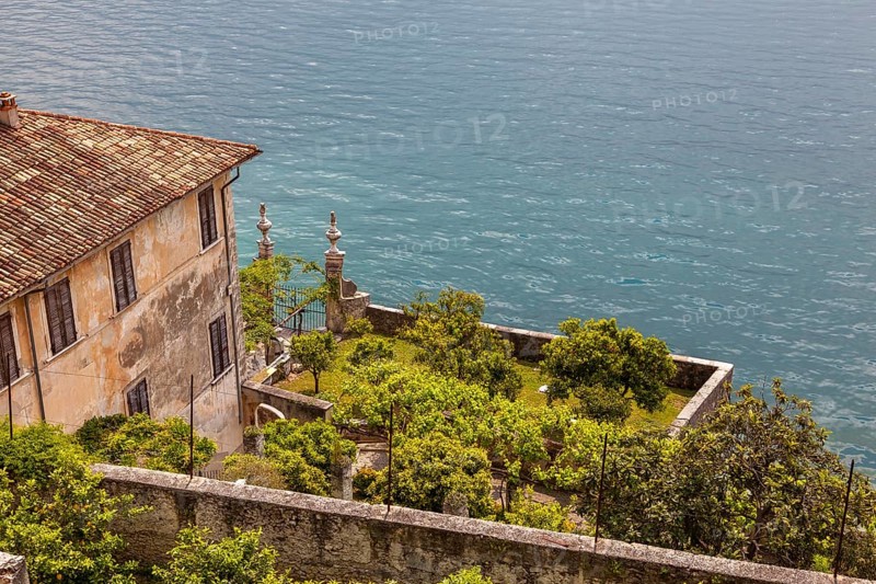 View over the Limonaia del Castel to Lake Garda, Limone sul Garda, Lombardy, Italy, Europe