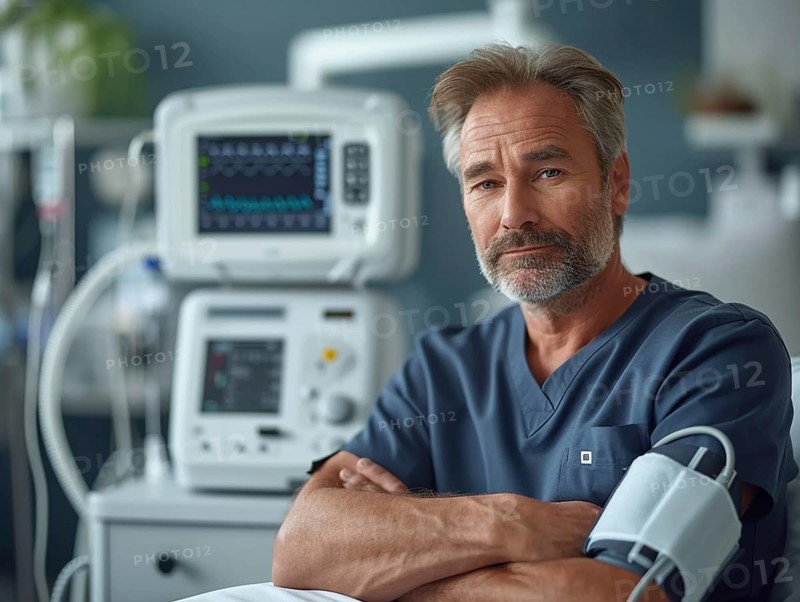 A man checks his blood pressure with a measuring device. Avoidance of bulk hypertension, scarcity, precaution, AI generated