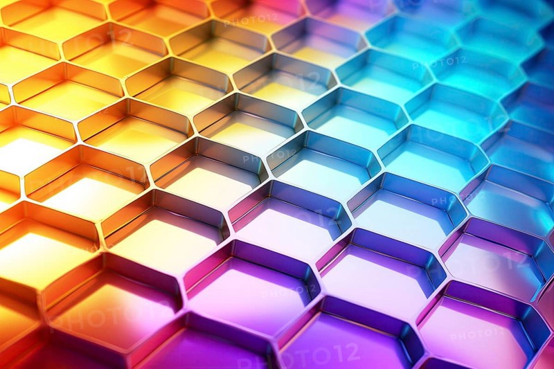 Metallic honeycomb pattern illuminated with vibrant gradient colors abstract background, AI generated
