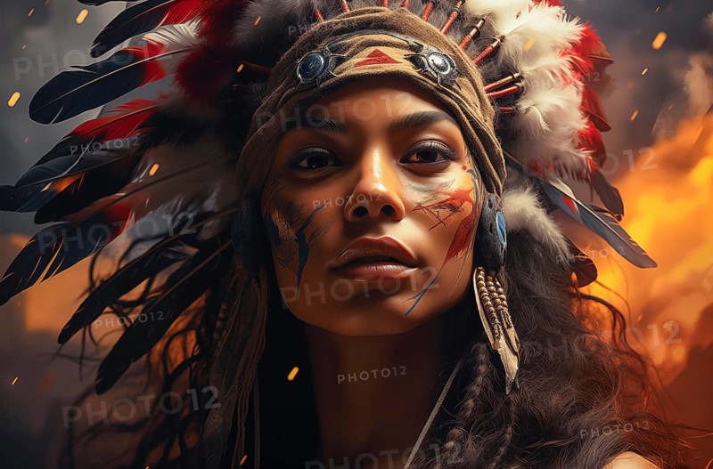 Portrait of a young woman in traditional Indian traditional costume and war paint looks intensely into the camera, AI generated, AI generated