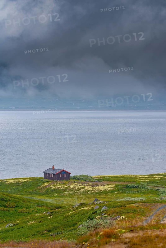 Shot of a hut on Lake Soenstevatn in the rain, portrait format, inland waters, log cabin, holiday home, fell, treeless plateau, fell hut, plateau, wooden house, landscape, landscape photo, panoramic shot, summer, shore, clouds, secluded, remote, lonely, Uvdal, Viken, Norway, Europe