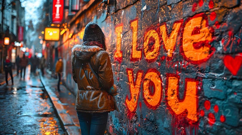 I Love You with red outlined yellow letters was painted on a blue brick wall, in front of it a young woman with an anorak and knitted hat, AI generated, AI generated, graffiti