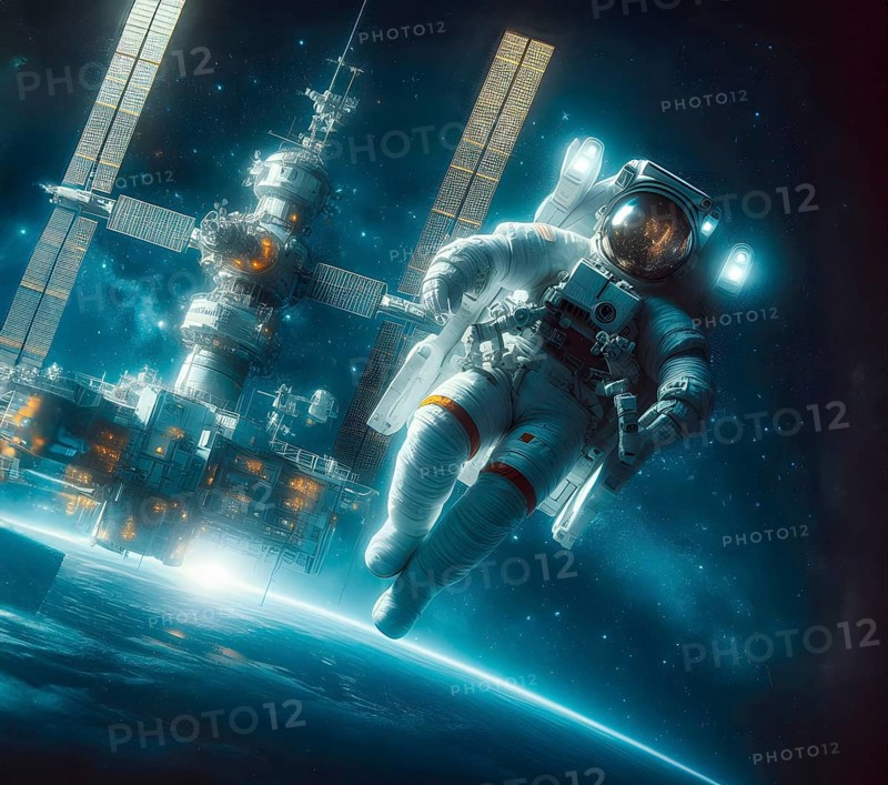 Science fiction, Space travel, An astronaut in a spacesuit floats in zero gravity in space, Space, above the earth, AI generated, AI generated