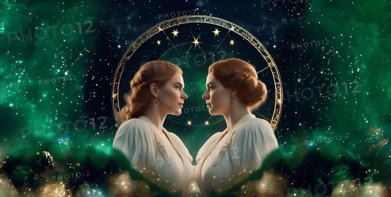 Young woman Gemini by zodiac sign with brown hair and green eyes against the background of the starry sky. interpretation of the zodiac sign in human form. AI generated
