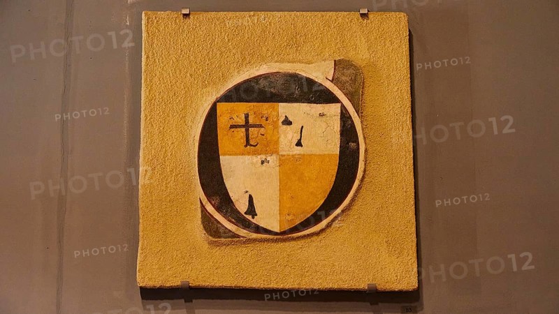 Ancient medieval coat of arms on a shield with a cross and in yellow, black and white colours, Chlemoutsi, high medieval crusader castle, Kyllini peninsula, Peloponnese, Greece, Europe