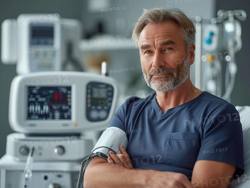 A man checks his blood pressure with a measuring device. Avoidance of bulk hypertension, scarcity, precaution, AI generated