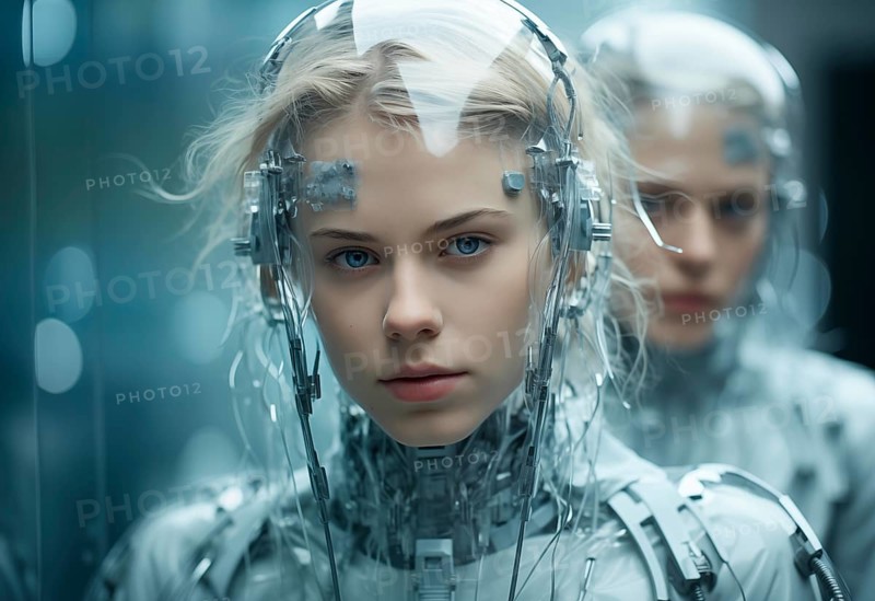 A female figure with a futuristic headset looks seriously against a blurred background with another person of her kind, bionics, cyborgisation, fusion with technology, transhumanism, AI generated, AI generated