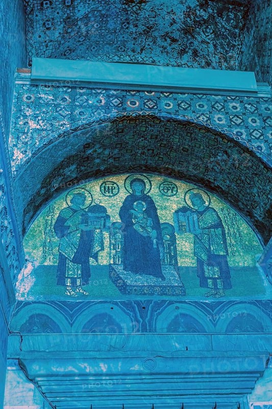 Virgin Mary holding the Christ Child inside Hagia Sophia Mosque. Noise or grain included in Istanbul, Turkiye