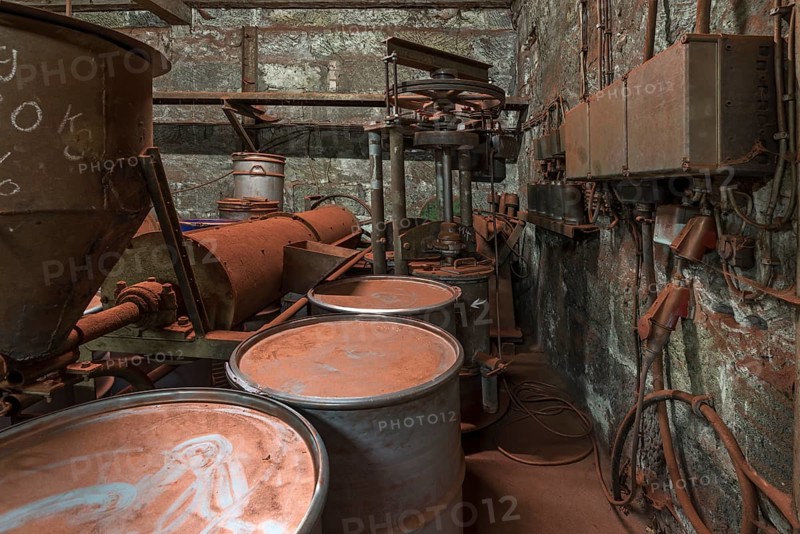 Bronze powder production room with filling bins in a metal powder mill, founded around 1900, Igensdorf, Upper Franconia, Bavaria, Germany, metal, factory, Europe