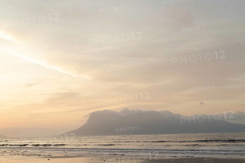 Bako national park, sea sandy beach, overcast, cloudy sunset, sky and sea, low tide. Vacation, travel, tropics concept, no people, Malaysia, Kuching, Asia