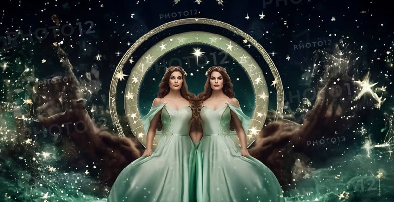 Young woman Gemini by zodiac sign with brown hair and green eyes against the background of the starry sky. interpretation of the zodiac sign in human form. AI generated