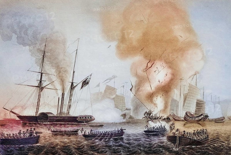 The steamer Nemesis of the Hon. East India Company and the boats Sulpher, Calliope, Larne and Starling destroy the Chinese war junks in Anson's Bay. 7 January 1841, Historical, digitally restored reproduction from a 19th century original, Record date not stated