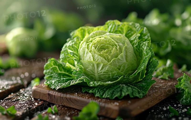 A fresh green cabbage with water droplets on a wooden surface, suggesting crispness, AI generated
