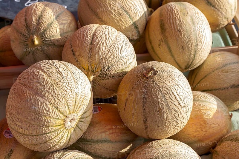 Cantaloupe melons, market stall, market sale, Pleubian, Brittany, France, Europe