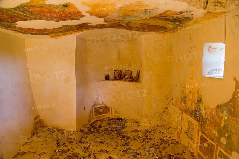 An abandoned room with decaying frescoes, Aladja Monastery, Aladja Monastery, Aladzha Monastery, medieval rock monastery, cave monastery in limestone cliff, Varna, Black Sea coast, Bulgaria, Europe