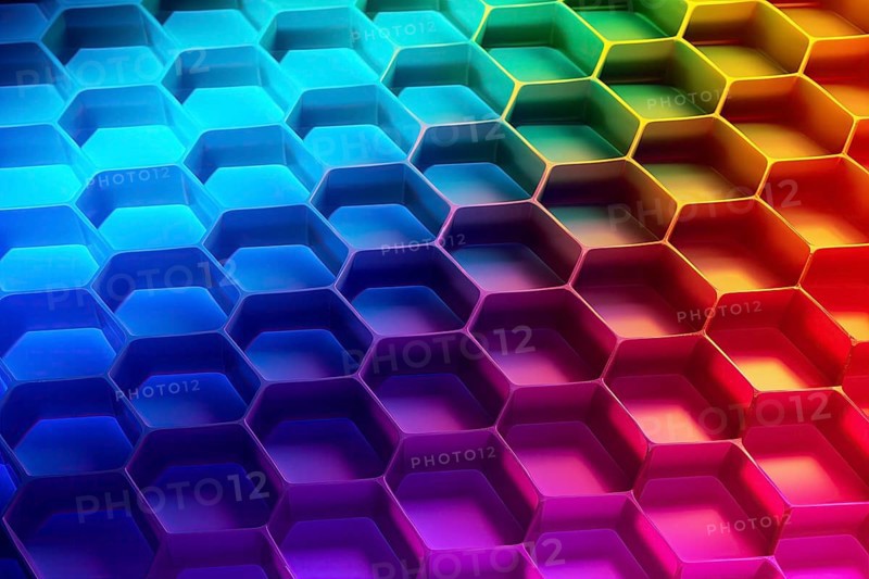 Honeycomb pattern illuminated with vibrant gradient colors abstract background, AI generated