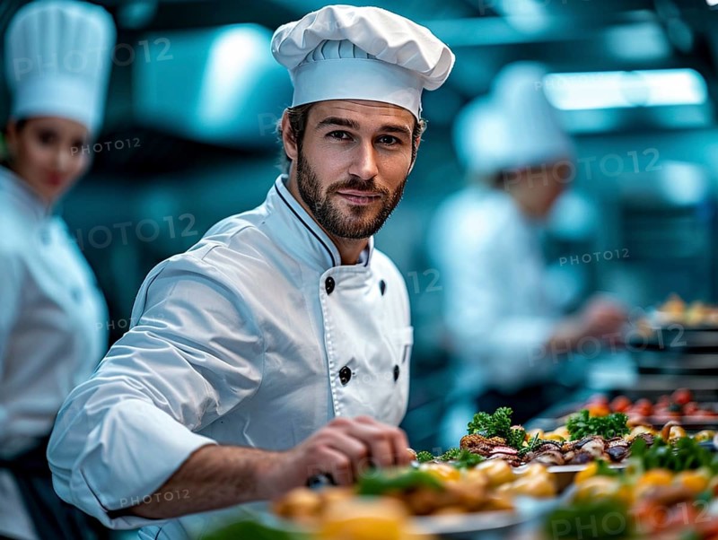 Chefs in a commercial kitchen at work, AI generated