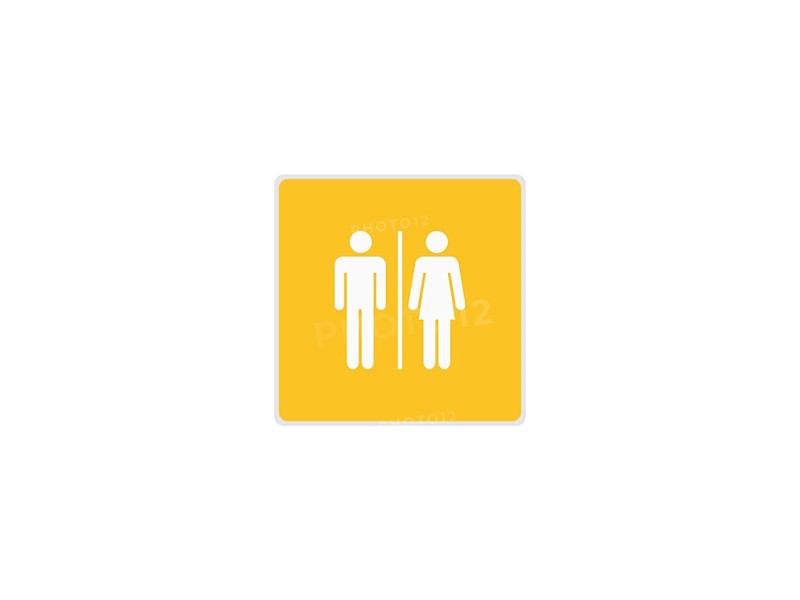A unisex restroom sign with male and female symbols on a yellow background