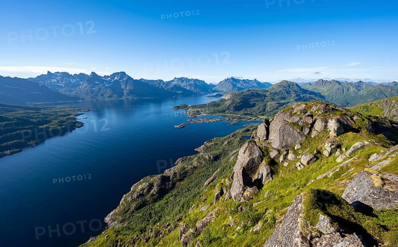 View of Fjord Raftsund and mountains, view from the top of Dronningsvarden or Stortinden, Vesteralen, Norway, Europe