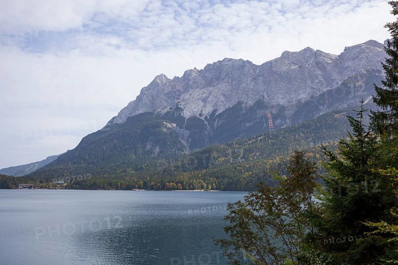 Zugspitze massif with Eibsee lake, Wetterstein mountains, Grainau, Werdenfelser Land, Upper Bavaria, Bavaria, Germany, Europe