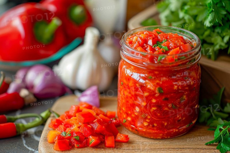 Freshly prepared paprika jam in a jar next to ingredients on a wooden cutting board, KI generated, AI generated