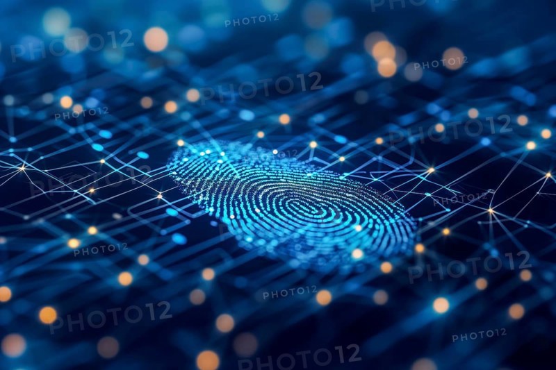 Digital representation of a fingerprint with network connections symbolises security technology, biometric authentication, cyber security and fingerprint password, future technology and cybernetics, AI generated, AI generated
