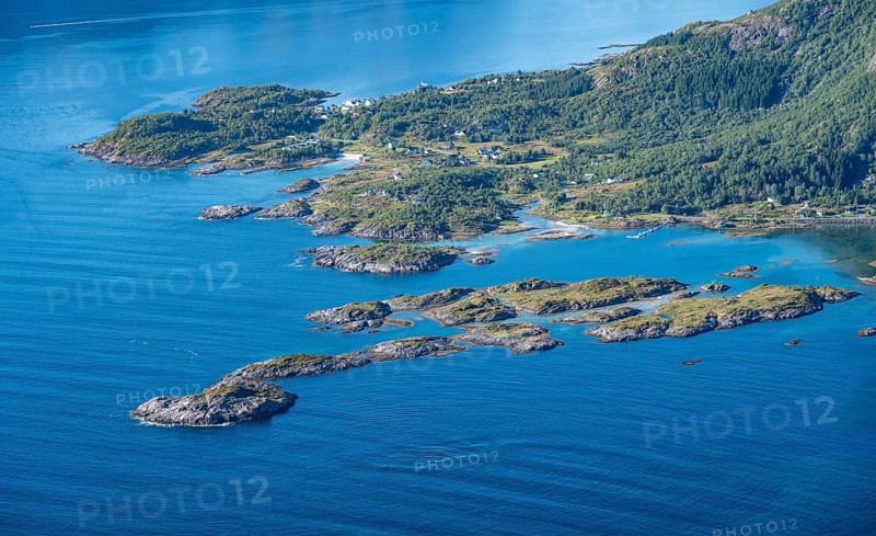 Coast and rocky islands in Raftsund, sea with archipelago islands, Vesteralen, Norway, Europe