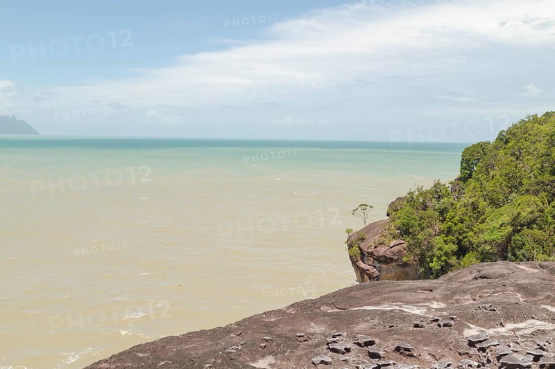 Bako national park, sea sandy beach, sunny day, blue sky and sea. Vacation, travel, tropics concept, no people, Malaysia, Kuching, Asia