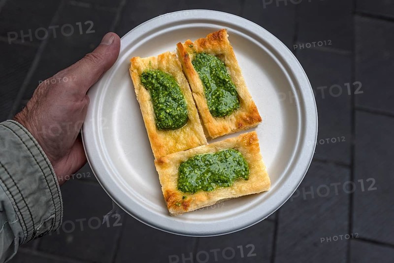 Fresh Genoese basil pesto with pastries on a plate, Genoa, Italy, Europe