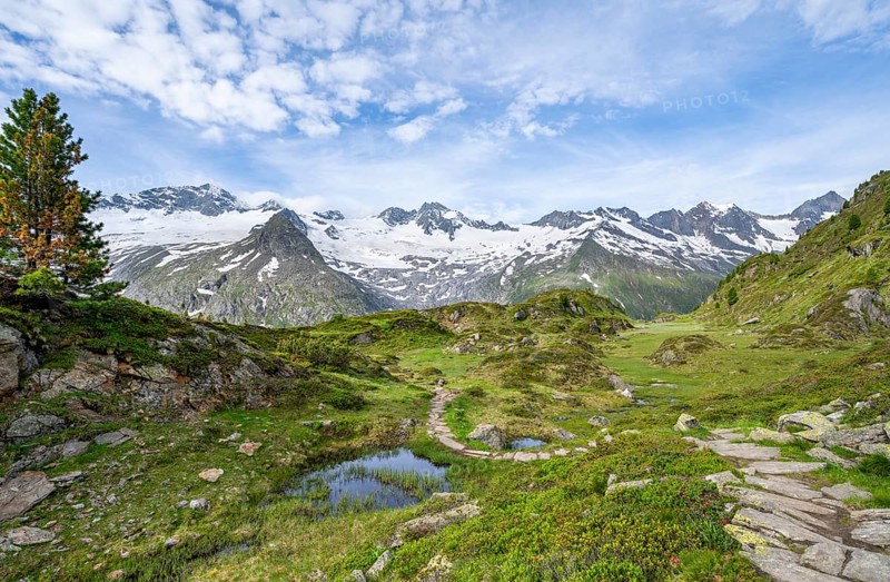 Hiking trail in picturesque mountain landscape, mountain peaks with snow and glacier Hornkees and Waxeggkees, summit Grosser Moeseler and Hornspitzen, Berliner Hoehenweg, Zillertal Alps, Tyrol, Austria, Europe