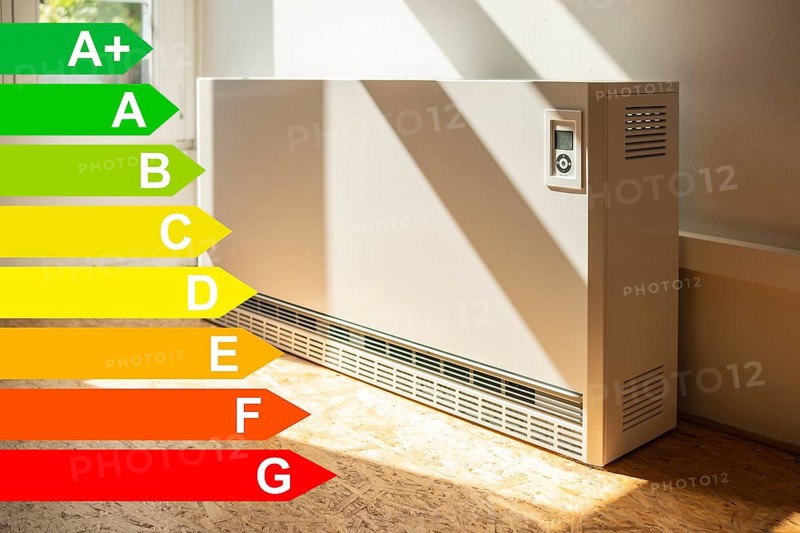 Night storage heating in a flat, diagram with energy efficiency classes for buildings according to the GEG, energy efficiency