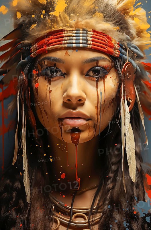 Portrait of a young woman in Indian style with feather jewellery and a serious expression, AI generated, AI generated