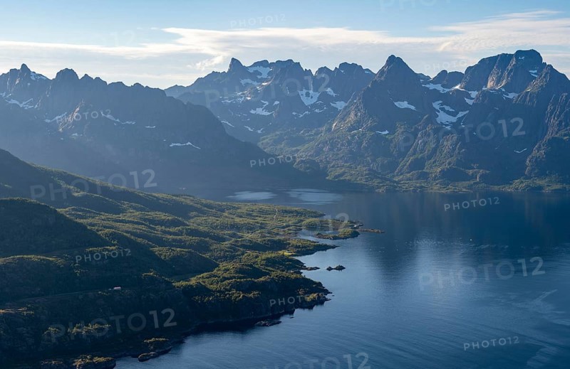 Atmospheric landscape, Raftsund fjord and mountains, view from the summit of Dronningsvarden or Stortinden, Vesteralen, Norway, Europe