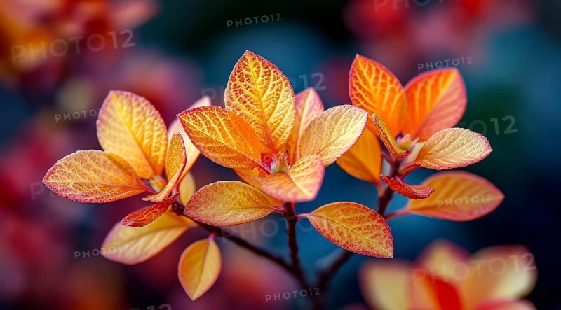 Close-up of Vivid Berberis thunbergii orange and yellow leaves showing detailed veins, AI generated