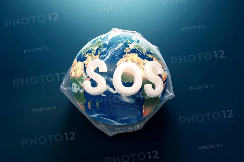 Planet earth in plastic bag with SOS letters. Earth pollution concpet. KI generiert, generiert AI generated