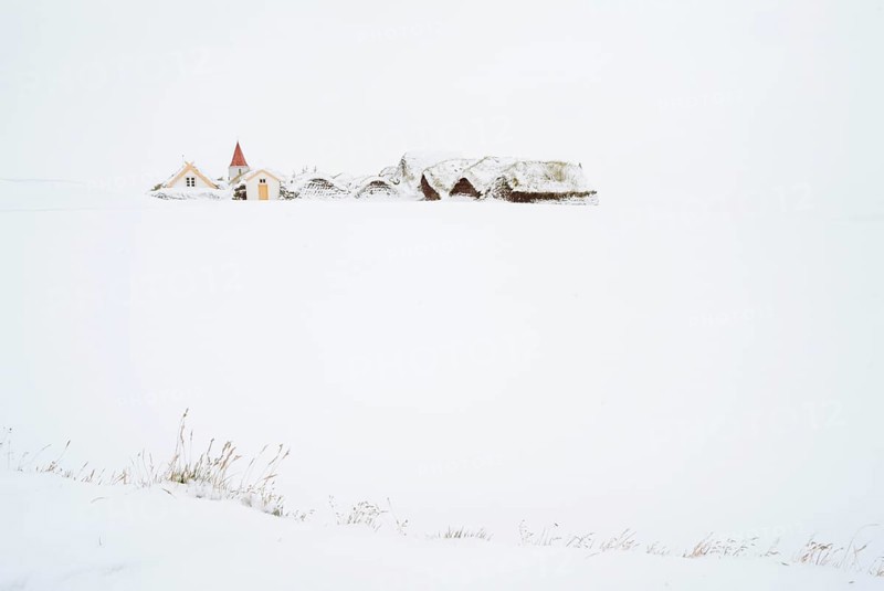 Grass sod houses, peat farm or peat museum Glaumbaer or Glaumbaer in winter, Skagafjoerour, Norourland vestra, Iceland, Europe