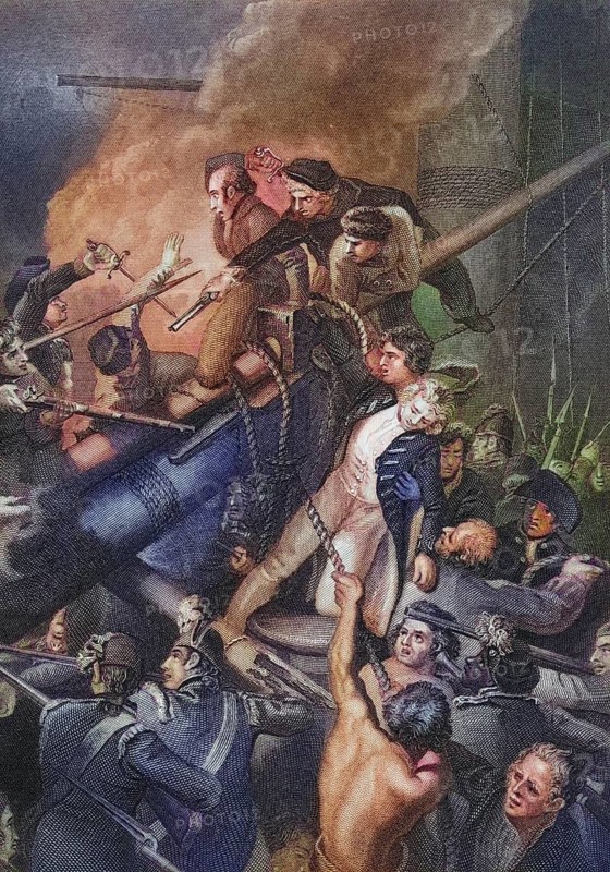 The Death of Captain Faulknor, Robert Faulknor the Younger (1763-1795) was a Royal Navy officer in the 18th century. He was court-martialled (but acquitted) and died in a battle off Guadeloupe in the eastern Caribbean Sea, Historical, digitally restored reproduction from a 19th century original, Record date not stated
