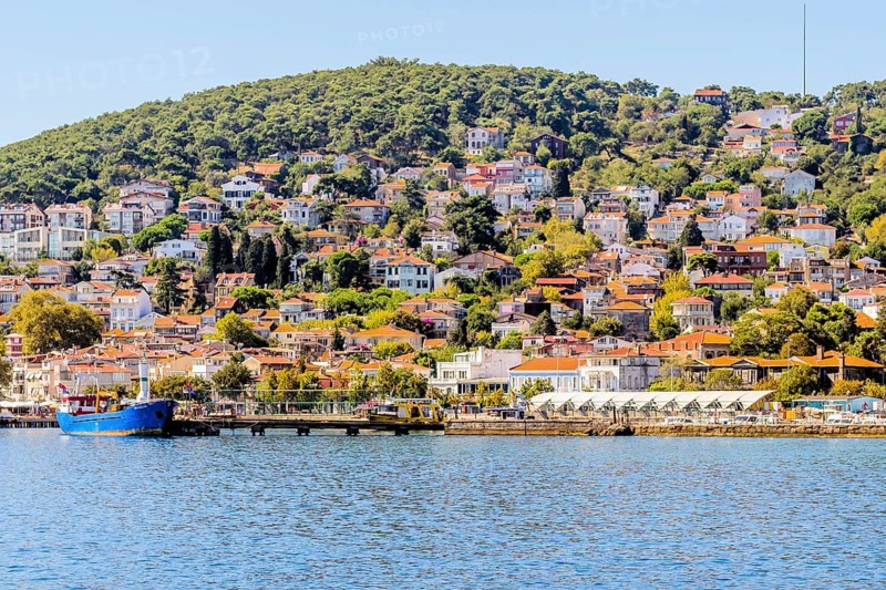 Houses on Princess Island and tanker docked in harbor in Turkey