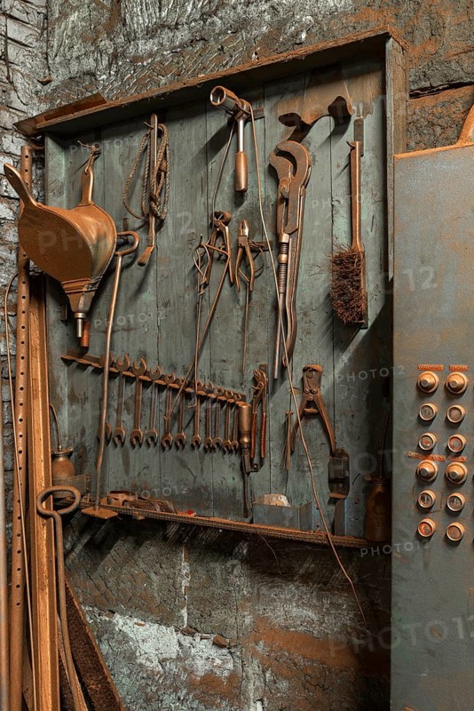 Tool board in the bronze powder production room in a metal powder mill, founded around 1900, Igensdorf, Upper Franconia, Bavaria, Germany, metal, factory, Europe
