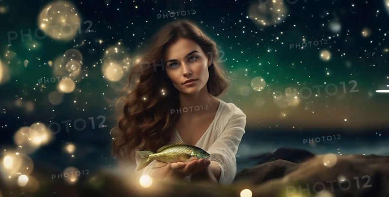 Young woman Pisces according to the zodiac sign with brown hair and blue eyes with a fish in her hands against the background of the starry sky. interpretation of the zodiac sign in human form.AI generated