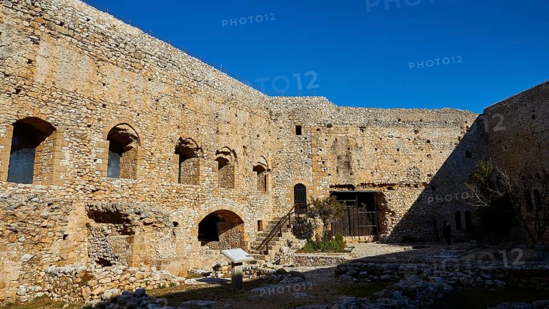 Walls of a historic fortress with arched windows under a clear sky, Chlemoutsi, High Medieval Crusader castle, Kyllini peninsula, Peloponnese, Greece, Europe
