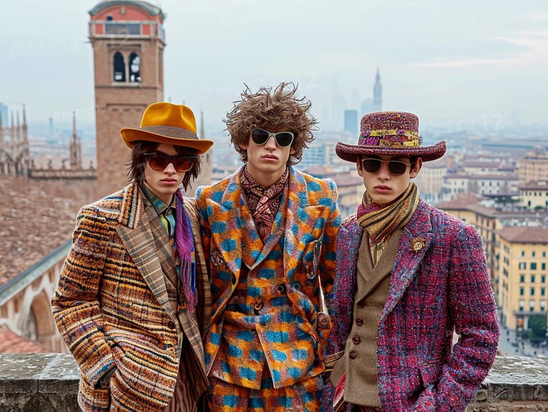 Fashion in Italy, men and women posing with new trendy fashion generated in Milan, AI generated