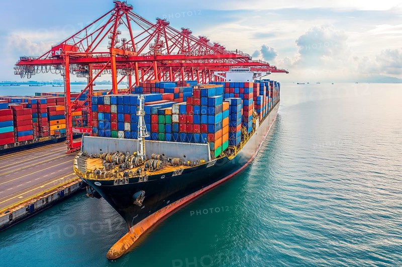A large container ship in the harbour loaded with colourful containers under a partly cloudy sky, AI generated, AI generated