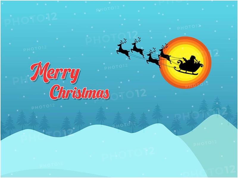 A festive Christmas scene with Santa's sleigh flying over snowy landscape