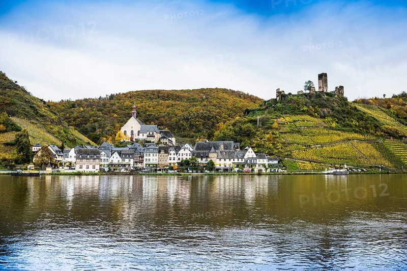 Vineyards in autumn colours and picturesque village, Beilstein, Moselle, Rhineland-Palatinate, Germany, Europe