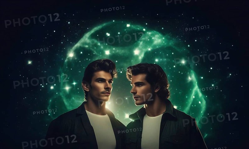 Young man Gemini by zodiac sign with dark hair and green eyes against the background of the starry sky.AI generated