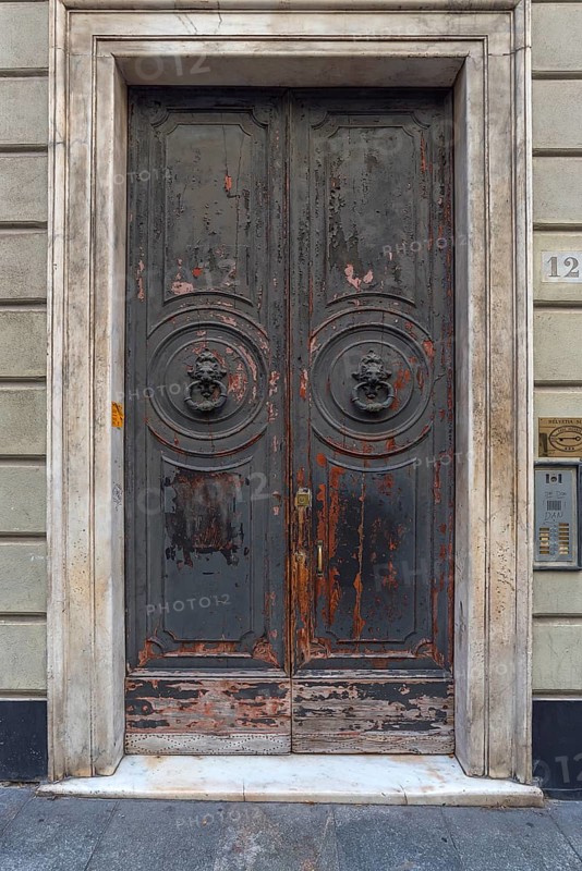 Two door knockers with lion heads on a large entrance door in the historic centre, Genoa, Italy, Europe