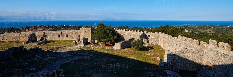Panoramic picture, overview of a fortress with a view of the sea and the horizon, Chlemoutsi, high medieval crusader castle, Kyllini peninsula, Peloponnese, Greece, Europe